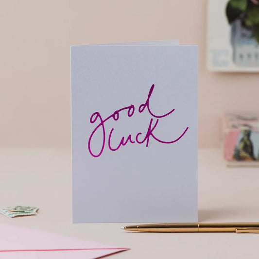 'Good Luck' Blue Metallic Card with Pink Foil Lettering | Add On